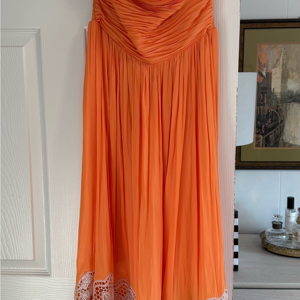 Ramy Brook Orange Pleated Midi Dress With Lace Hem